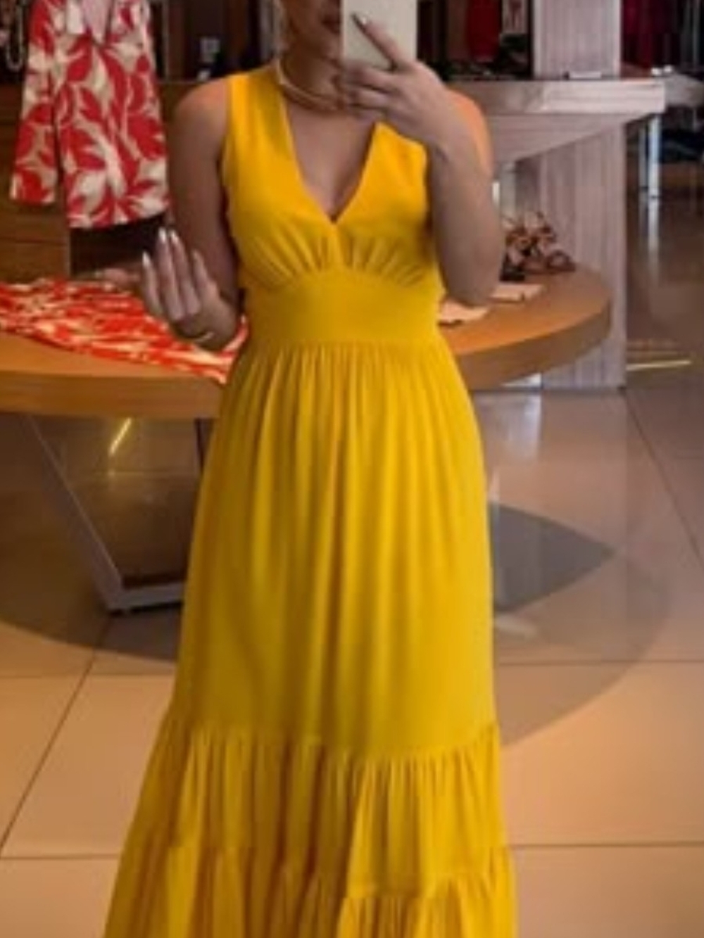 Sleeveless Yellow V-Neck Maxi Dress with Tiered Skirt